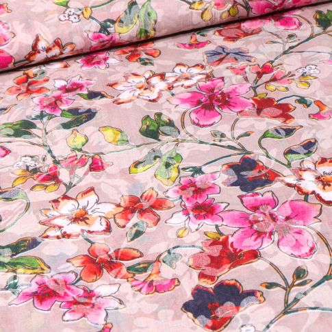 Tissu Voile Polycoton Fleuris sur fond Beige