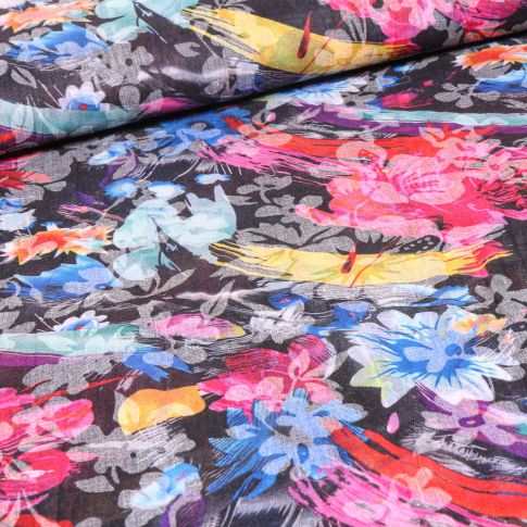Tissu Voile Polycoton Pia sur fond Noir
