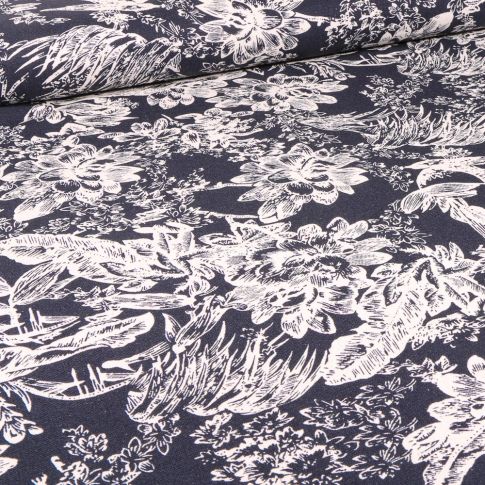 Tissu Viscose Lin Grandes fleurs sur fond Bleu marine