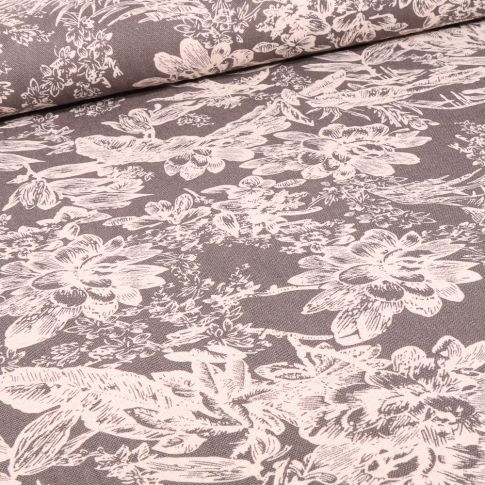 Tissu Viscose Lin Grandes fleurs sur fond Gris