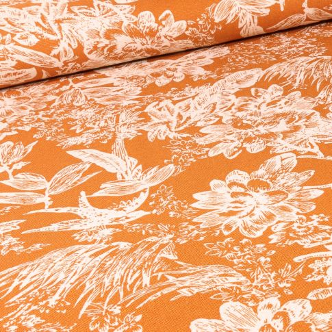 Tissu Viscose Lin Grandes fleurs sur fond Ocre
