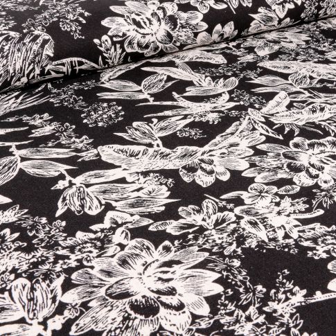 Tissu Viscose Lin Grandes fleurs sur fond Noir