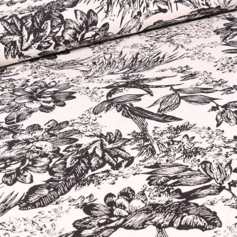 Tissu Viscose Lin Grandes fleurs sur fond Blanc
