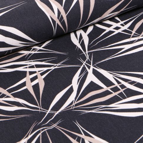 Tissu Viscose Lin Feuilles abstraites sur fond Bleu marine