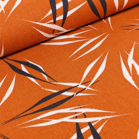 Tissu Viscose Lin Feuilles abstraites sur fond Ocre