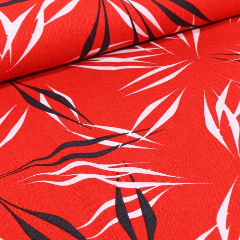 Tissu Viscose Lin Feuilles abstraites sur fond Rouge