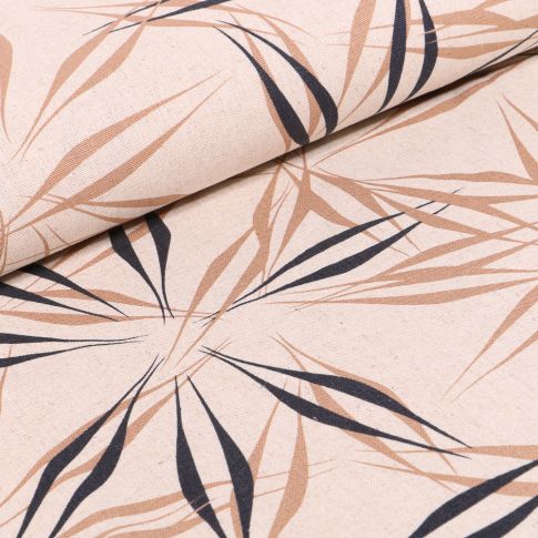 Tissu Viscose Lin Feuilles abstraites sur fond Beige