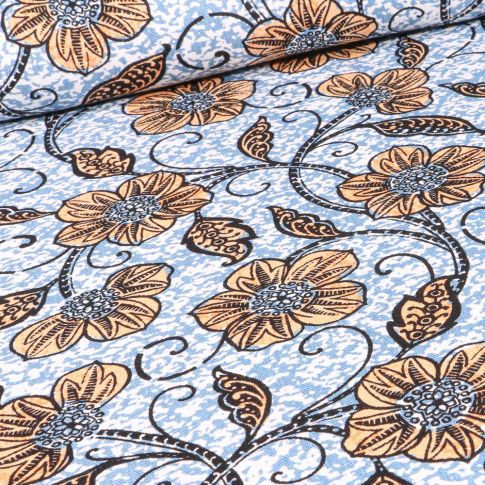 Tissu Viscose Lin Lianes fleuris sur fond Bleu ciel