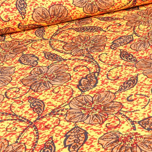 Tissu Viscose Lin Lianes fleuris sur fond Jaune