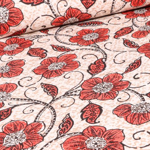 Tissu Viscose Lin Lianes fleuris sur fond Beige