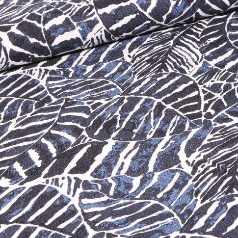 Tissu Viscose Lin Grandes feuilles effet aquarelle sur fond Bleu marine