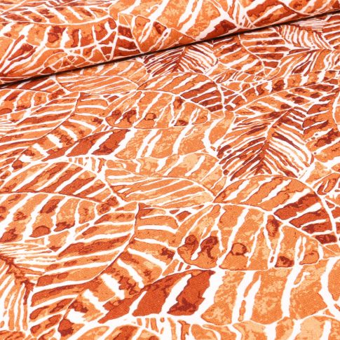 Tissu Viscose Lin Grandes feuilles effet aquarelle sur fond Orange