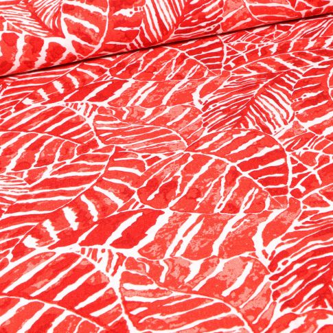 Tissu Viscose Lin Grandes feuilles effet aquarelle sur fond Rouge