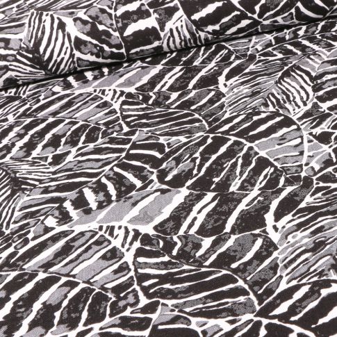 Tissu Viscose Lin Grandes feuilles effet aquarelle sur fond Noir