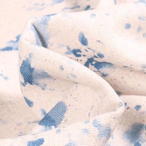 Tissu Viscose Lin Taches aquarelle bleu sur fond Ecru