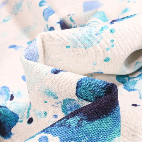 Tissu Viscose Lin Taches de peinture bleu sur fond Ecru
