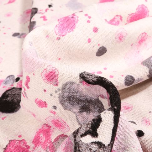 Tissu Viscose Lin Taches de peinture rose sur fond Ecru
