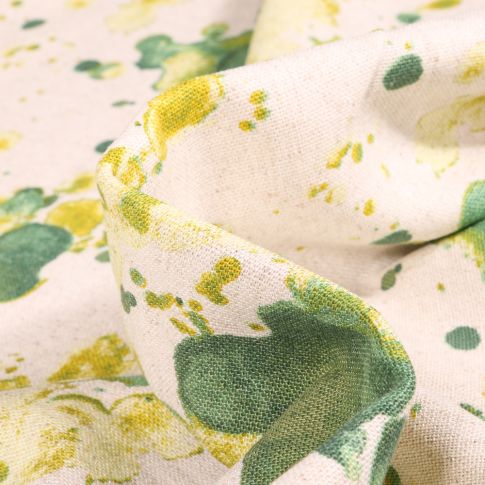 Tissu Viscose Lin Taches de peinture vertes sur fond Ecru
