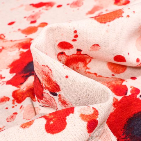 Tissu Viscose Lin Taches de peinture rouge sur fond Ecru