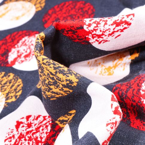 Tissu Viscose Lin Ronds colorés blanc et rouge sur fond Bleu marine