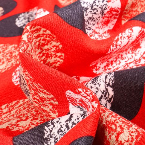 Tissu Viscose Lin Ronds colorés bleu marine sur fond Rouge