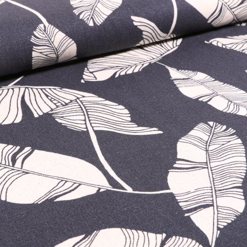 Tissu Viscose Lin Feuilles de palme sur fond Bleu marine