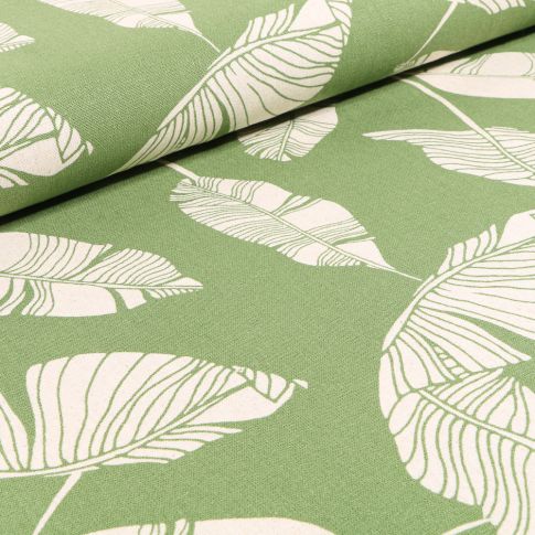 Tissu Viscose Lin Feuilles de palme sur fond Vert