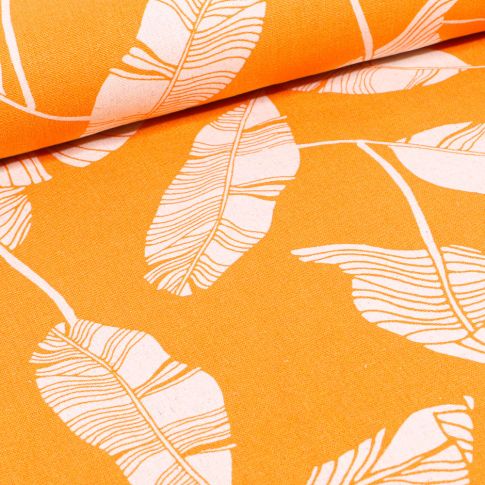 Tissu Viscose Lin Feuilles de palme sur fond Jaune