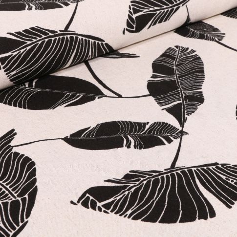 Tissu Viscose Lin Feuilles de palme sur fond Ecru