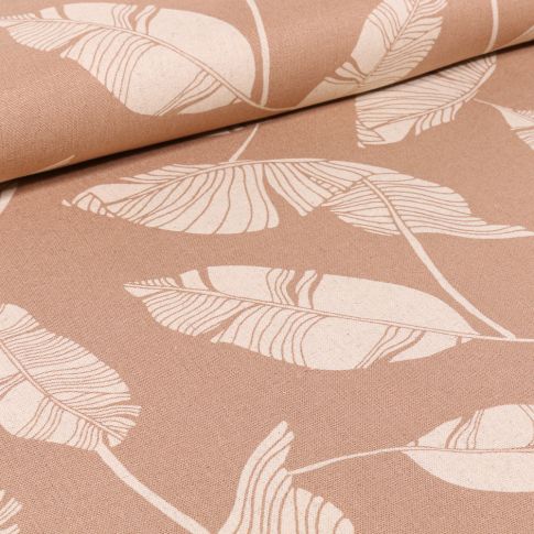 Tissu Viscose Lin Feuilles de palme sur fond Beige