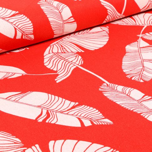 Tissu Viscose Lin Feuilles de palme sur fond Rouge