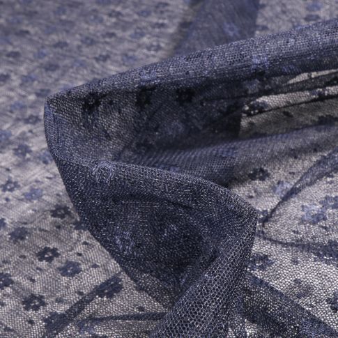 Tissu Tulle souple Fleurs sur fond Bleu marine