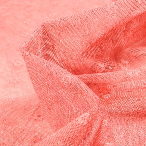 Tissu Tulle souple Fleurs sur fond Corail