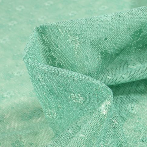 Tissu Tulle souple Fleurs sur fond Vert menthe
