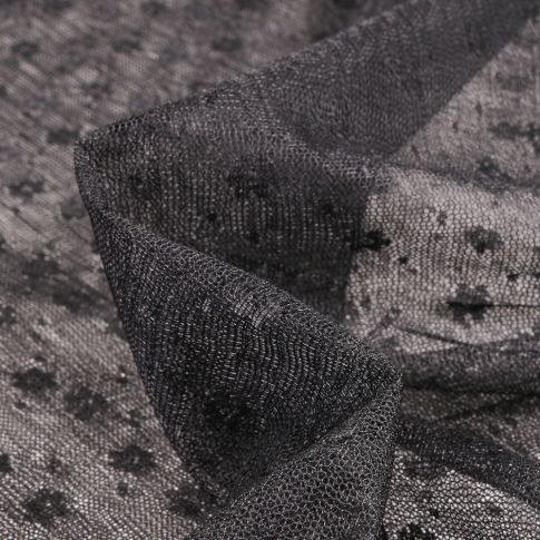 Tissu Tulle souple Fleurs sur fond Noir
