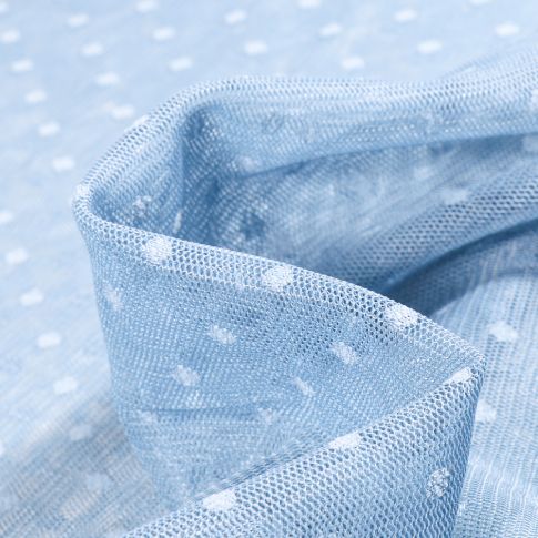 Tissu Tulle souple  pois 5 mm sur fond Bleu ciel