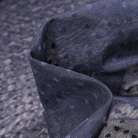 Tissu Tulle souple  pois 5 mm sur fond Bleu marine