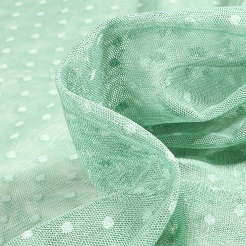 Tissu Tulle souple  pois 5 mm sur fond Vert menthe