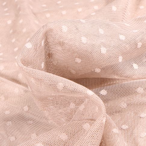 Tissu Tulle souple  pois 5 mm sur fond Beige