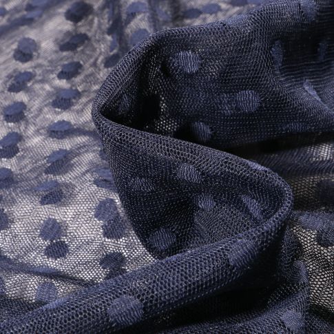 Tissu Tulle souple Pois 1 cm sur fond Bleu marine