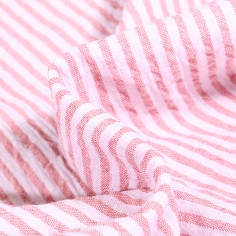 Tissu Seersucker Scarlett Rayures roses sur fond Blanc