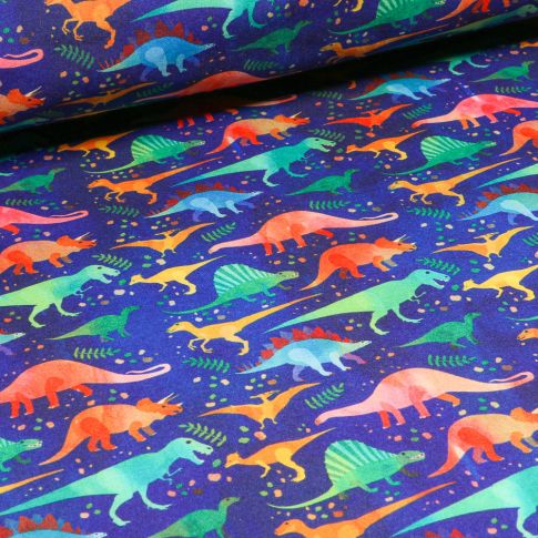 Tissu Softshell Dinosaures multicolores sur fond Bleu