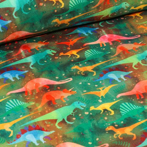 Tissu Softshell Dinosaures multicolores sur fond Vert