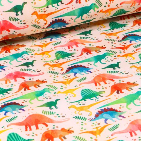 Tissu Softshell Dinosaures multicolores sur fond Ecru
