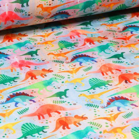 Tissu Softshell Dinosaures multicolores sur fond Blanc