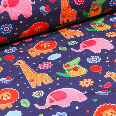 Tissu Softshell Animaux de la jungle multicolore sur fond Bleu