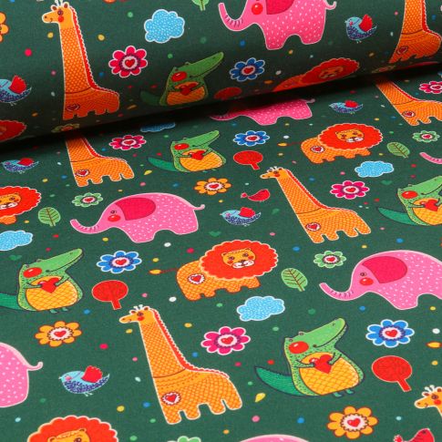 Tissu Softshell Animaux de la jungle multicolore sur fond Vert sapin