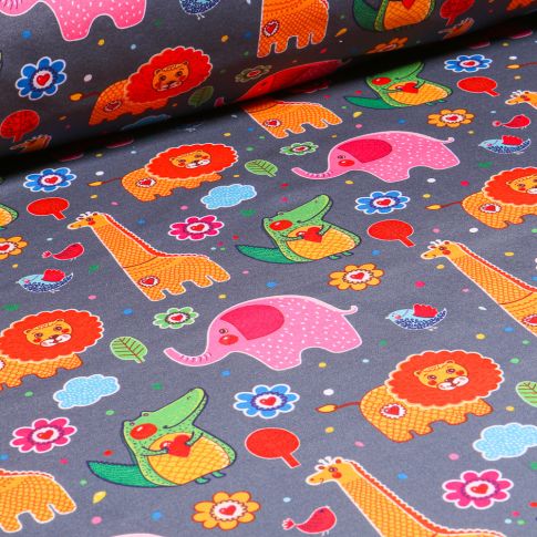 Tissu Softshell Animaux de la jungle multicolore sur fond Gris