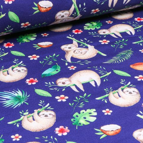 Tissu Softshell Paresseux et feuillages sur fond Bleu roi