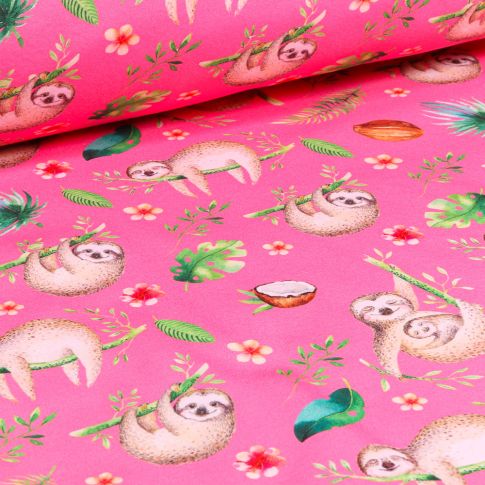Tissu Softshell Paresseux et feuillages sur fond Rose bonbon
